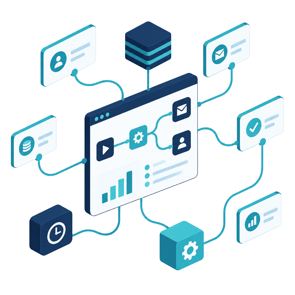 Isometric illustration of a ServiceNow workflow dashboard connected to multiple systems