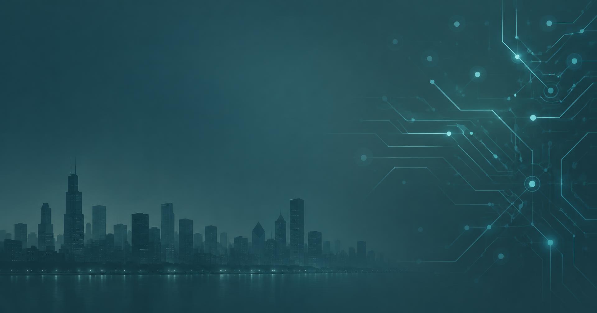 Abstract city skyline with a glowing teal circuit network